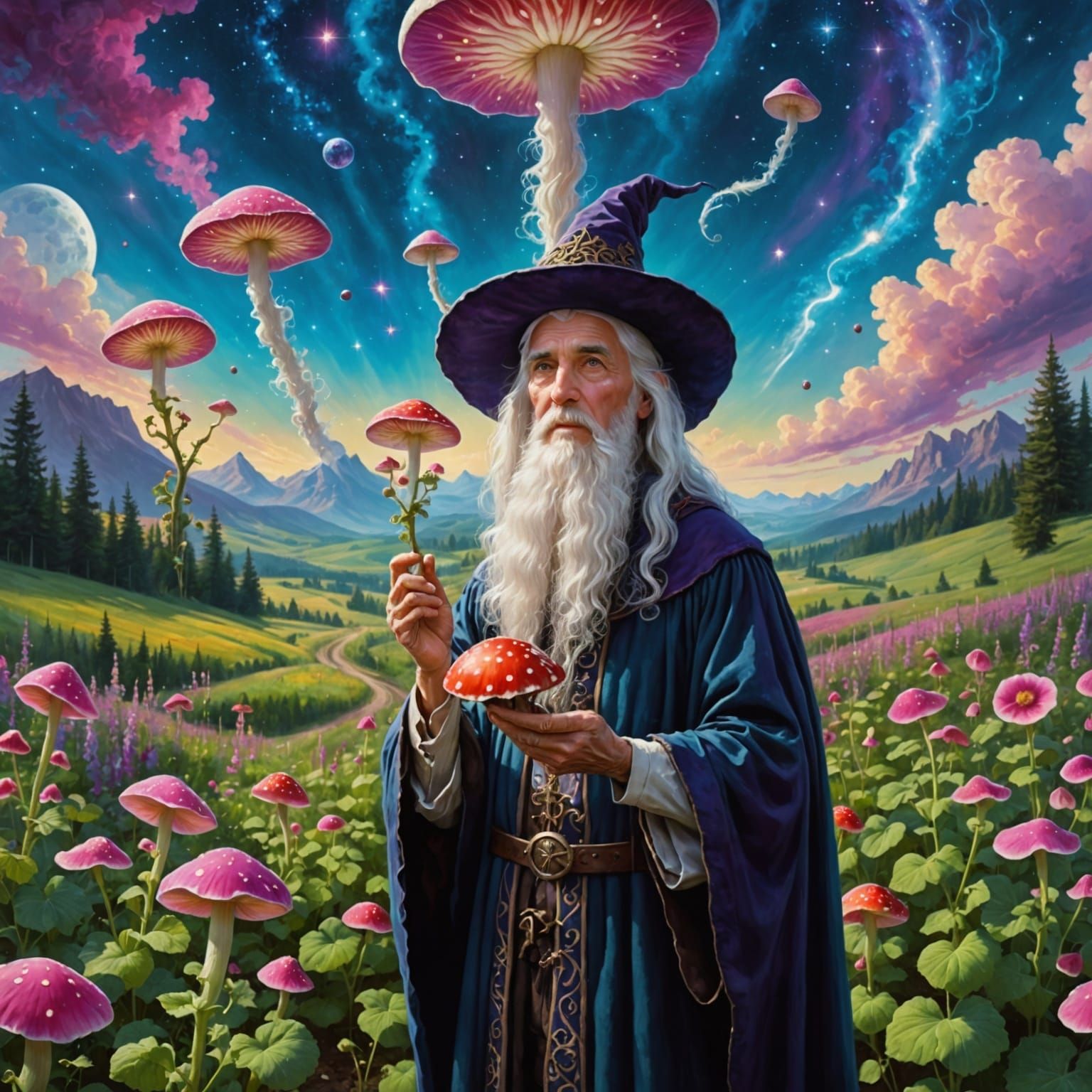 Wizard with Mushroom in Hollyhock Field