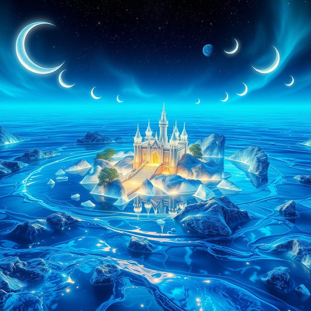 Ethereal Water Planet with Glowing Moons and Shimmering Stru...