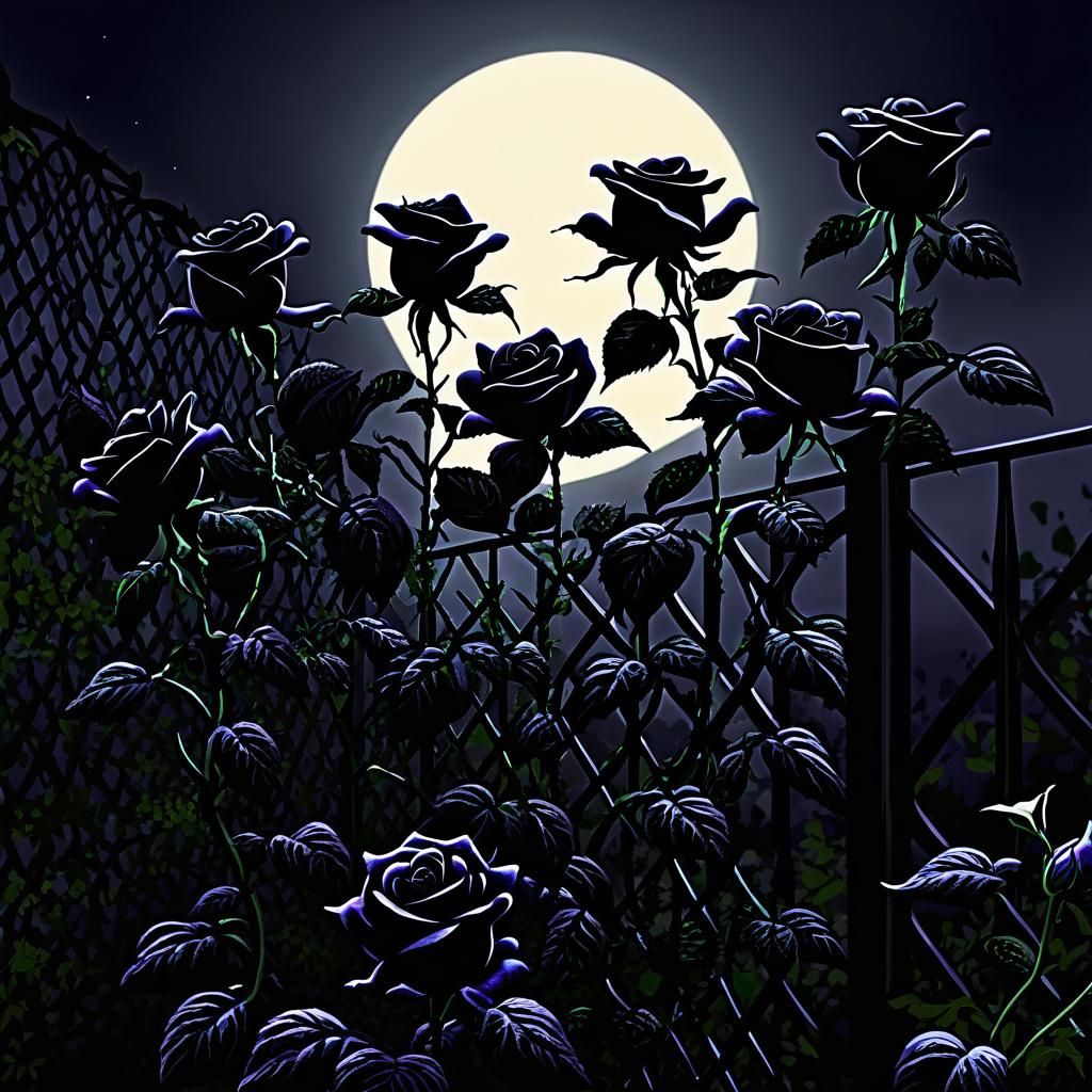 Eerie Pointillist Black Roses in Moonlight