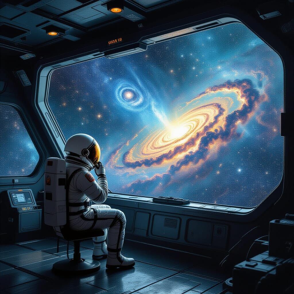 Astronaut Gazes at Nebula in Surreal Impasto Style