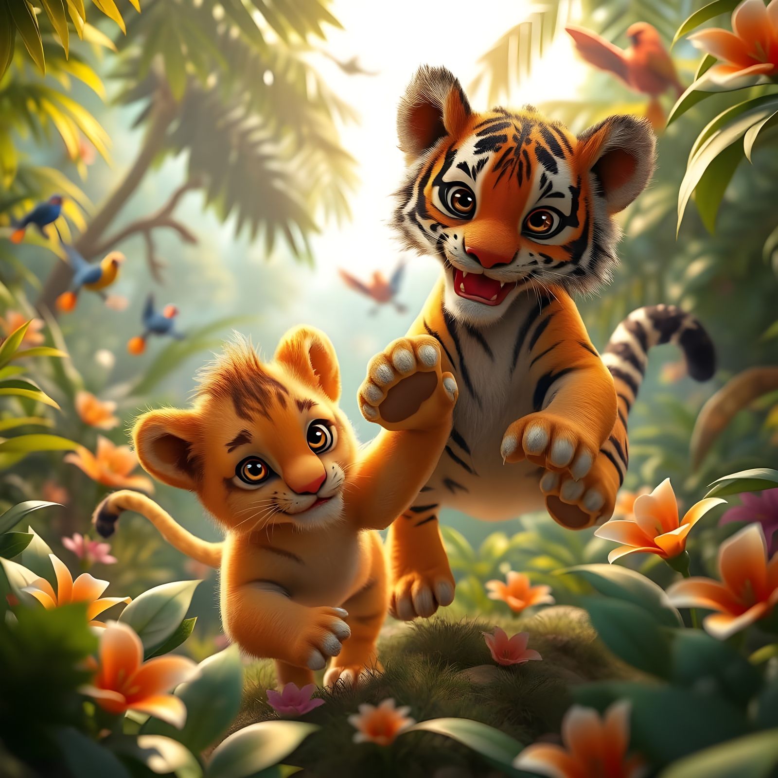 Adorable Lion and Tiger Cubs Play in Vibrant Jungle Scene