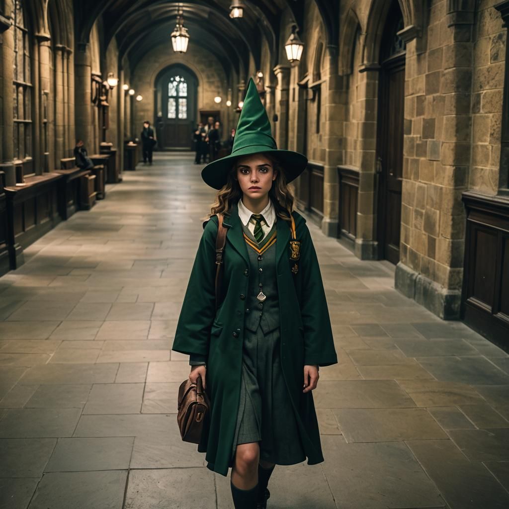 hermione granger in a slytherine school uniform and witch ha...