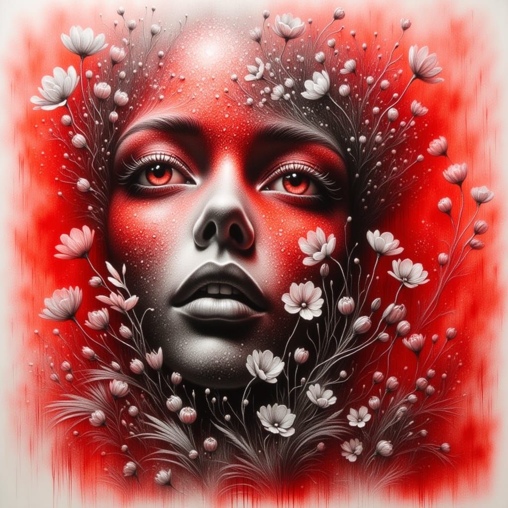 Intricate Backlit Charcoal Portrait in Pastel Red