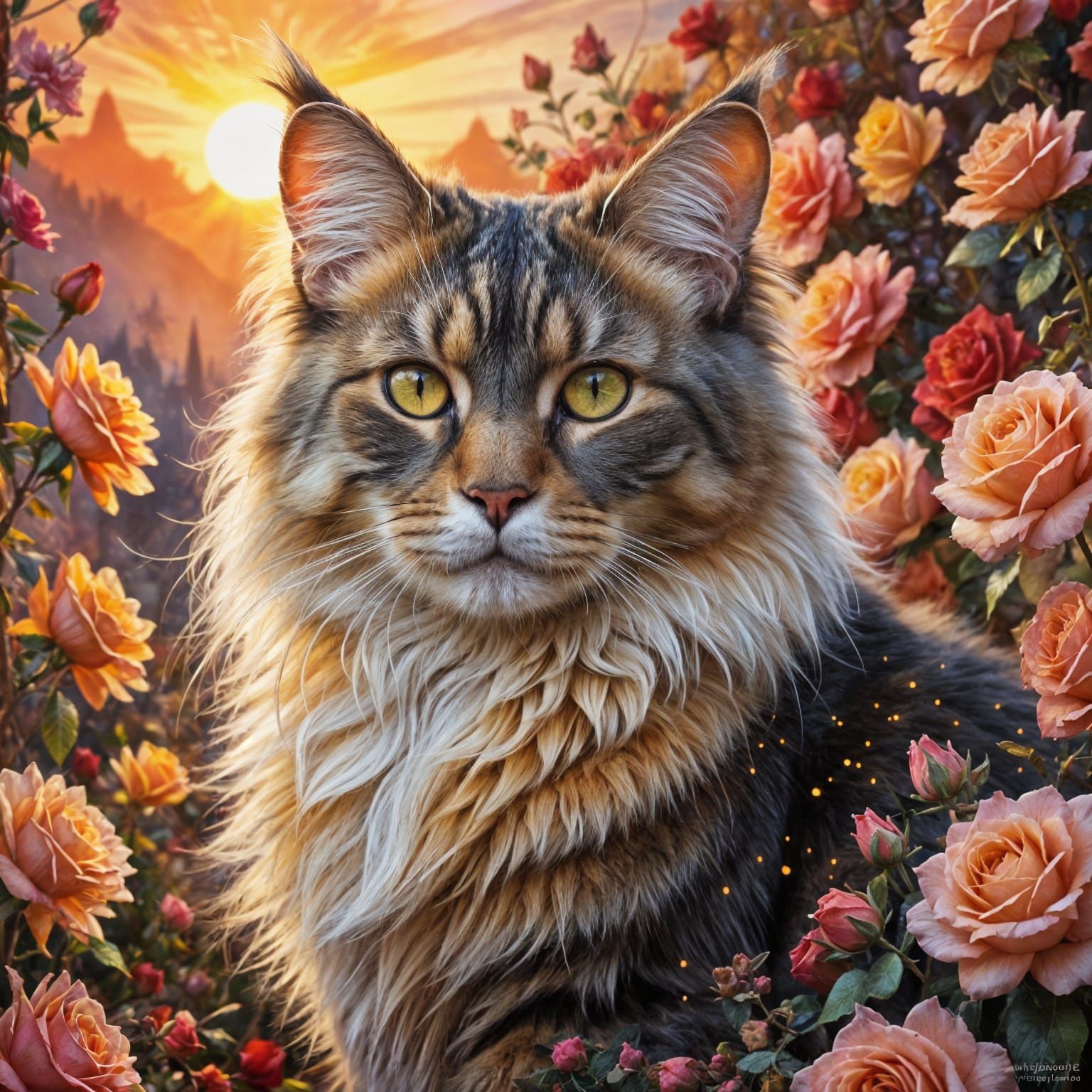 Majestic Maine Coon Cat in Roses, Oil Painting