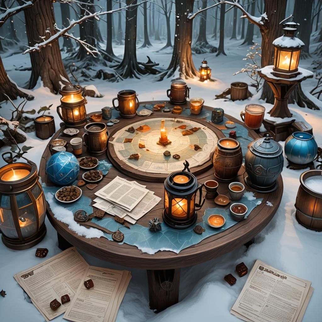 D&D Table in Snowy Forest, High Fantasy Art