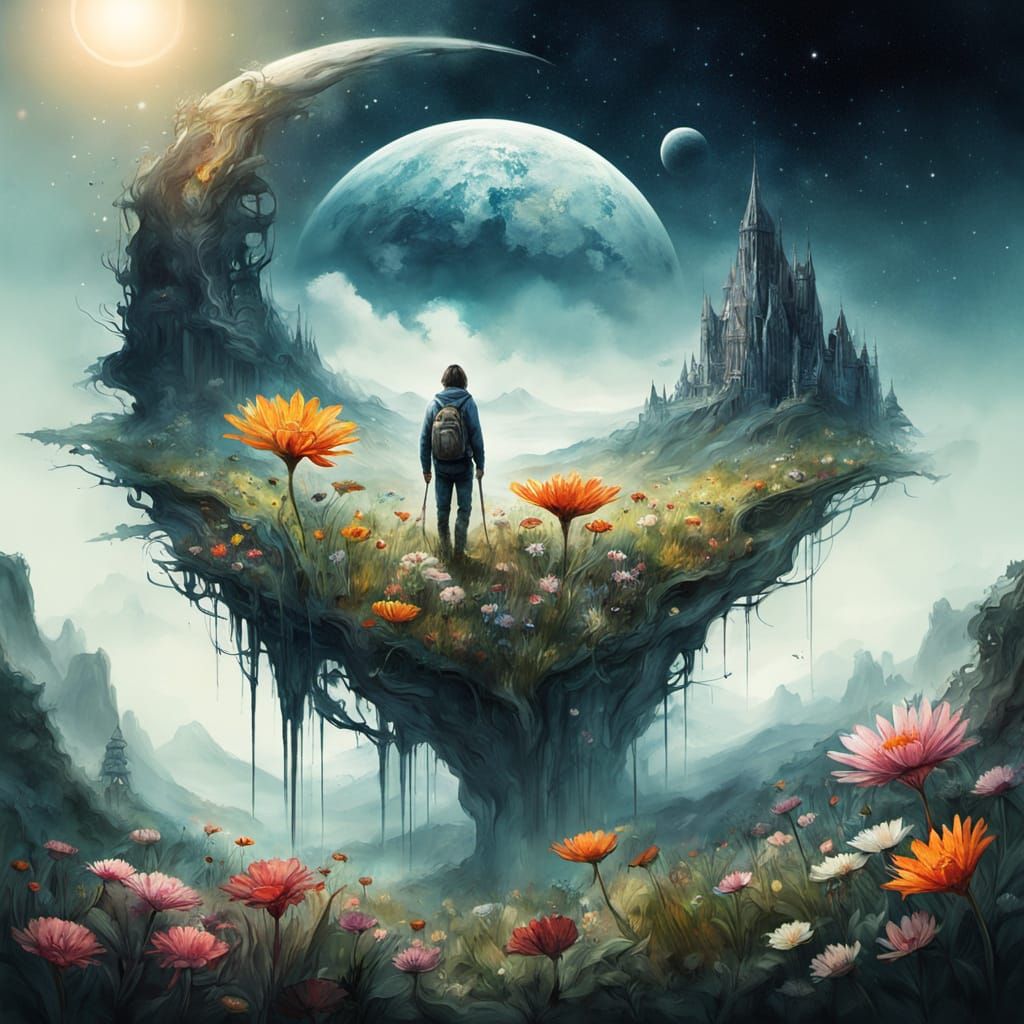 Surreal Floral Planetscape in Watercolor Style