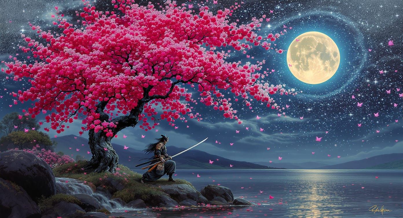 Samurai Practice Under Cherry Blossoms: Manhwa Style Oil Pai...