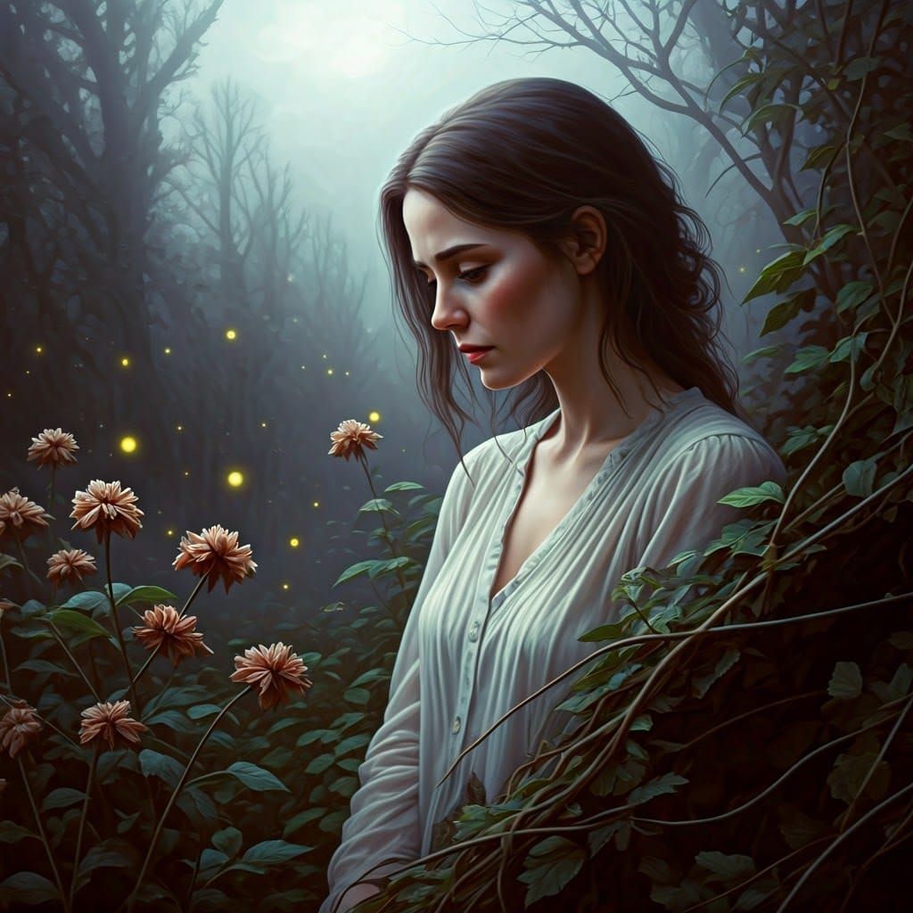 Contemplative Woman in Moonlit Garden, Melancholic Digital P...