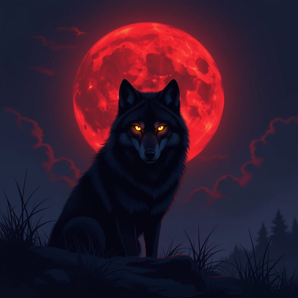 Lone Wolf Against Blood Moon, Dark Fantasy Digital Painting