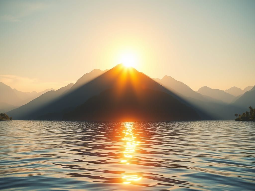 Surreal Mountain Lake at Sunset in Photorealistic 3D Style