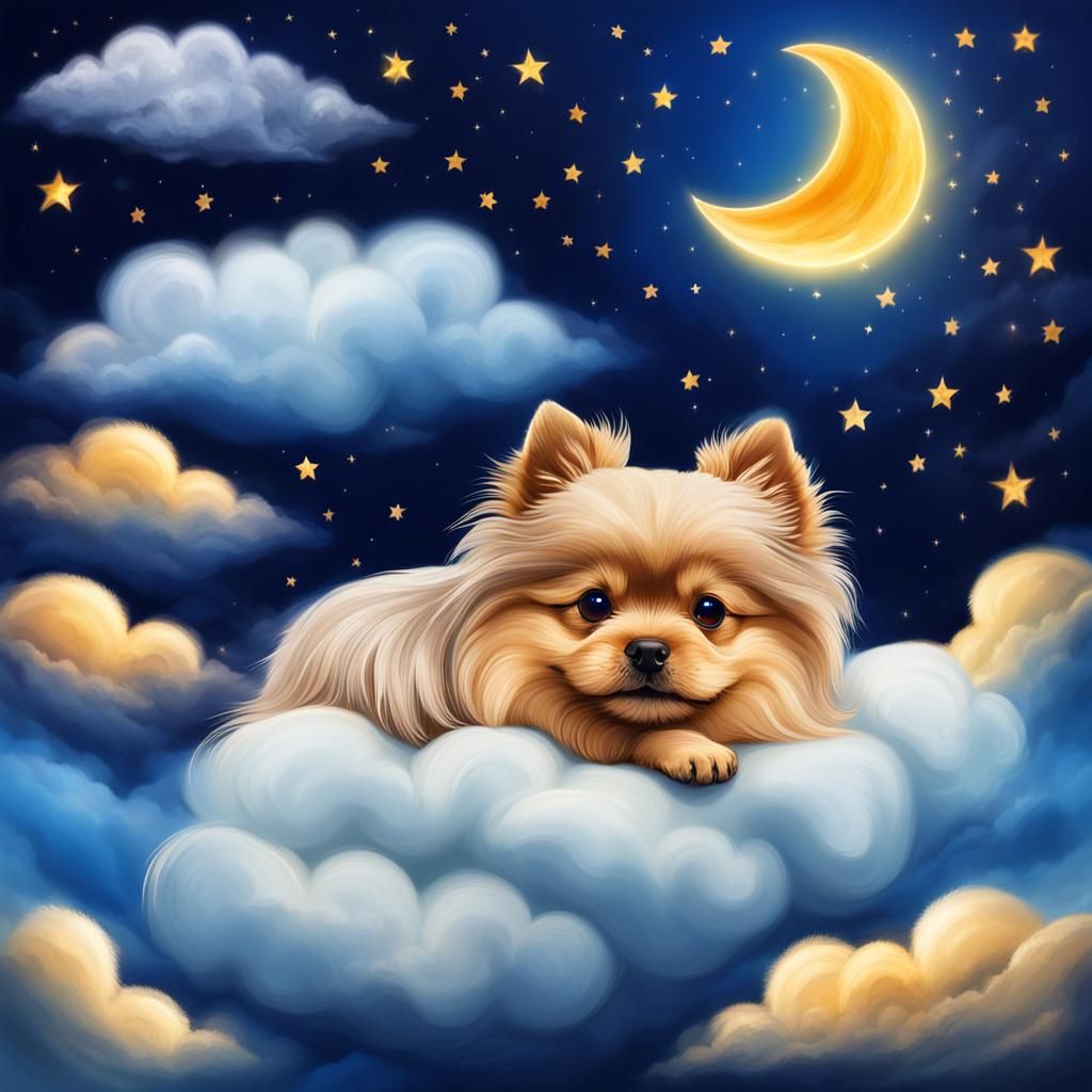Puppy Dreams: Terrier Sleeping on Cloud in Moonlight