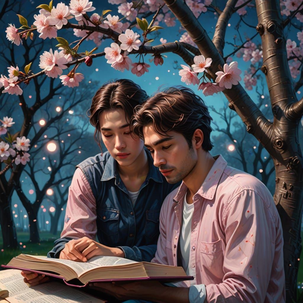 Romantic Couple Reading by Cherry Tree in Oil Painting Style