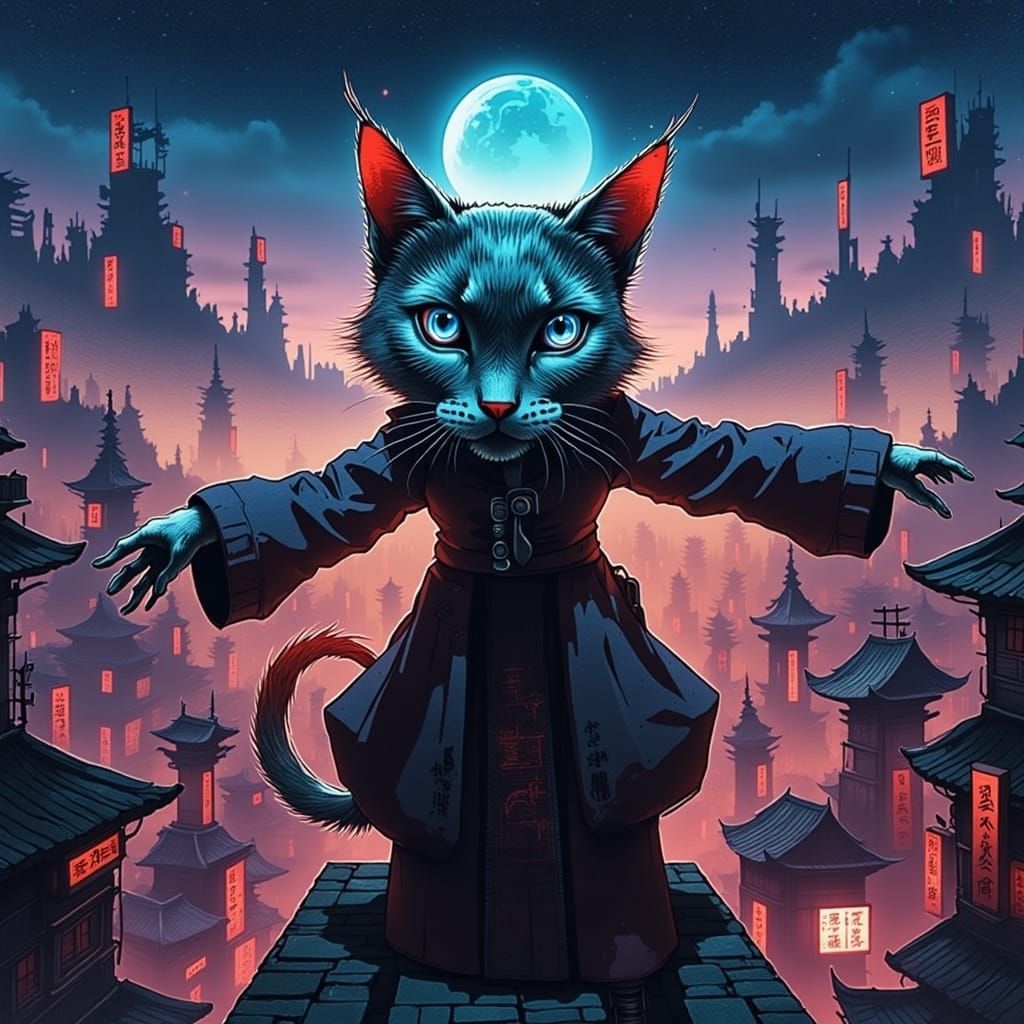 Neon Cat Spirit Over Cyberpunk Cityscape