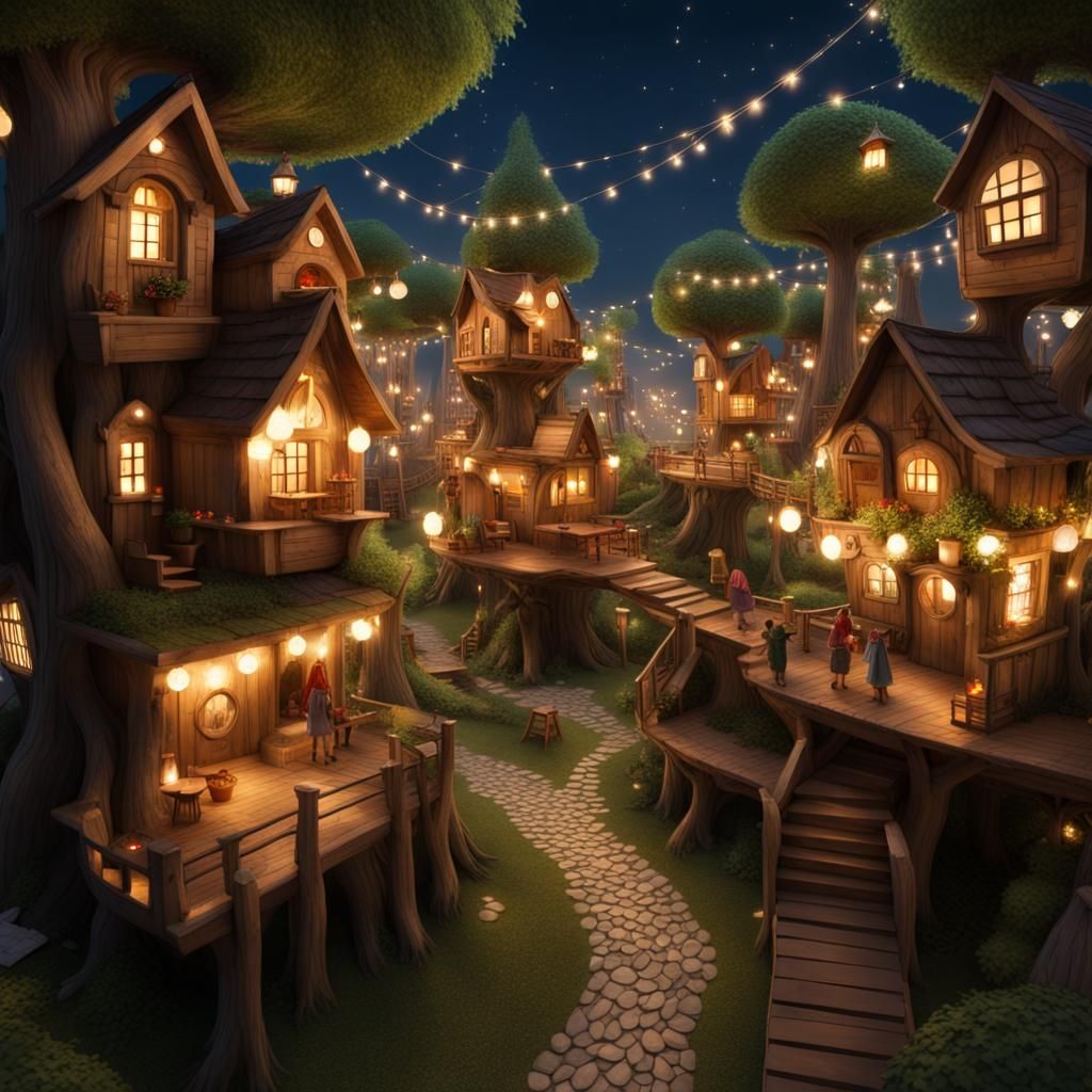 A fairy and gnome treehouse village with twinkling lights st...