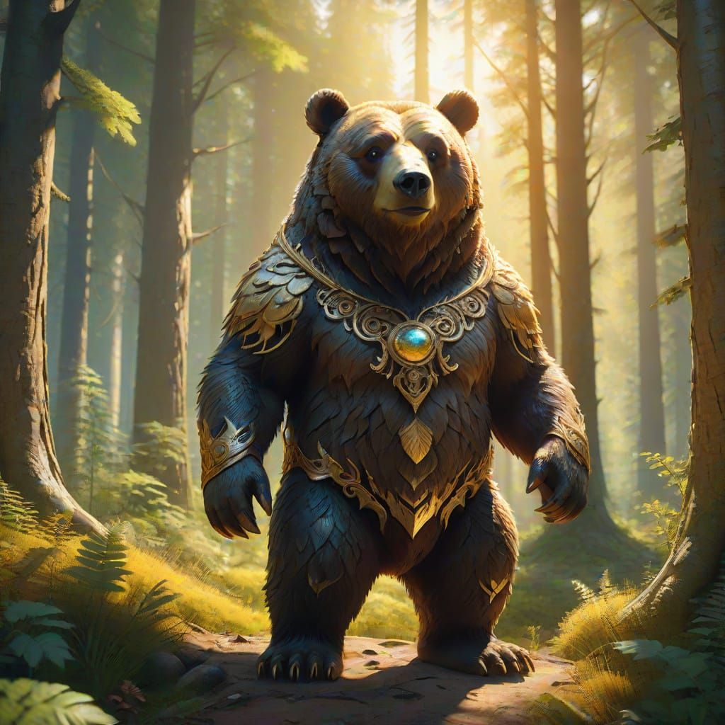 Whimsical Bear in Sun-Dappled Forest Fantasy Art
