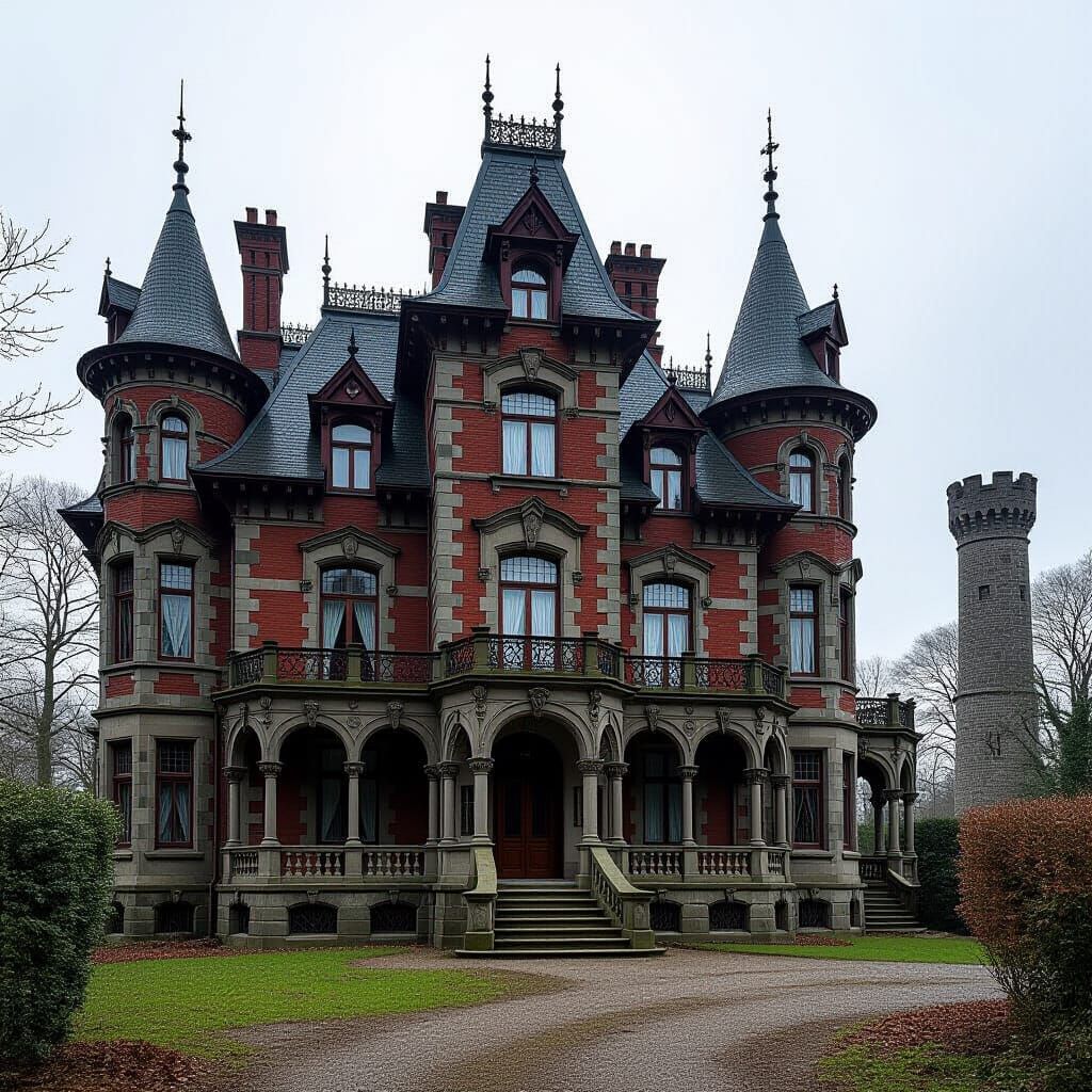 Gothic Victorian Mansion with Dramatic Lighting