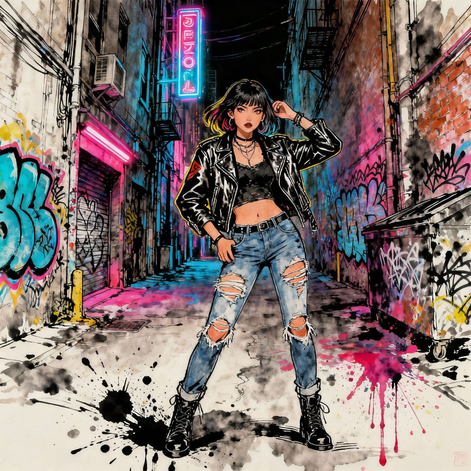 Urban Alley Portrait: Woman in Neon & Graffiti