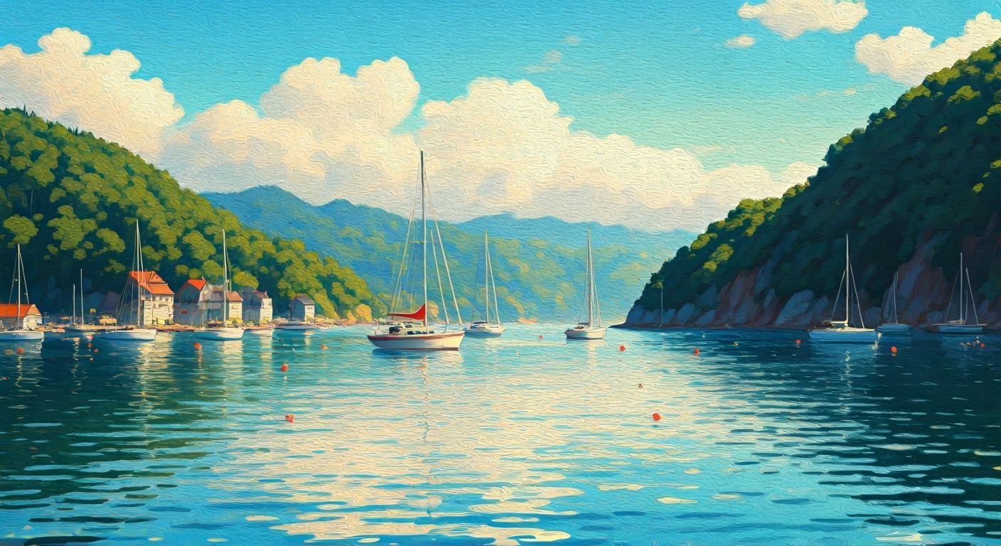 Serene Harbor with Sailboats in Golden Light, Monet Inspired