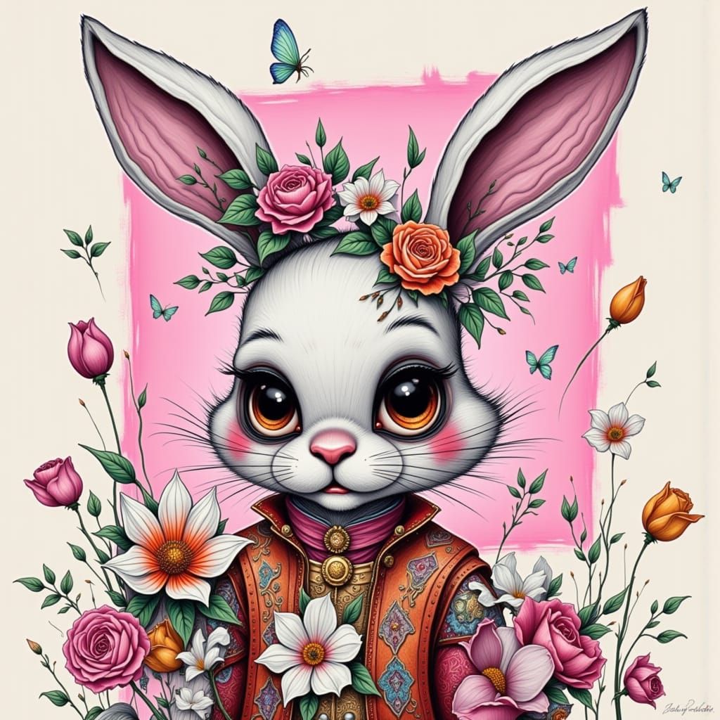 Bad Bunny in Vibrant Floral Cyberpunk Style