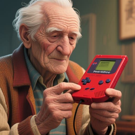 Nostalgic Old Man Playing Pokémon on Gameboy