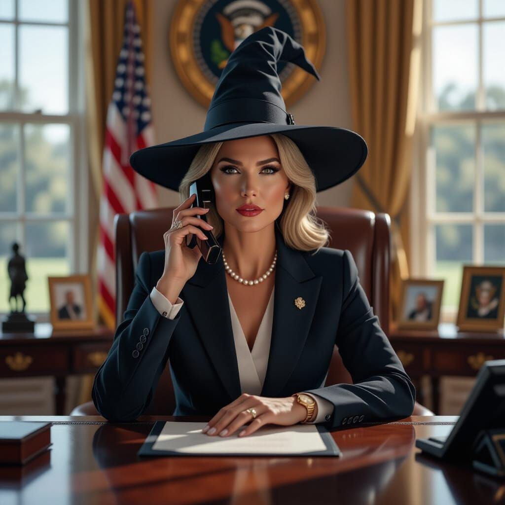 Witch President in Oval Office, Cinematic Photorealism