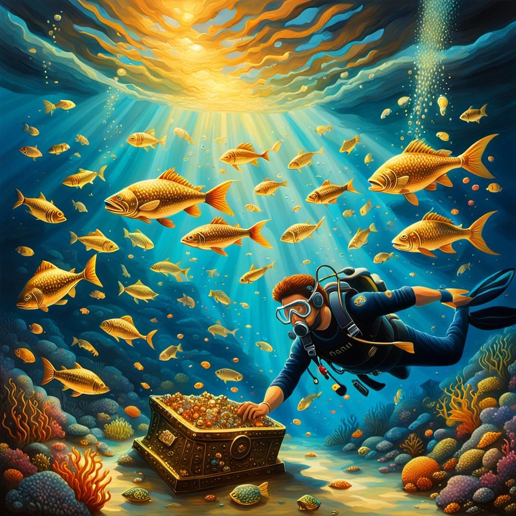 Glowing Underwater Treasure Discovery: Oil Painting
