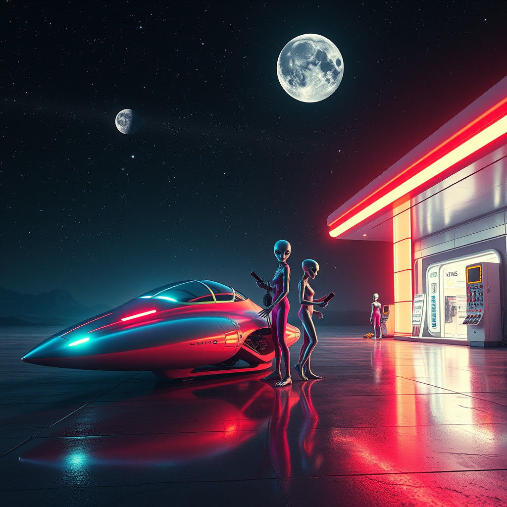 Futuristic Alien Gas Station at Night
