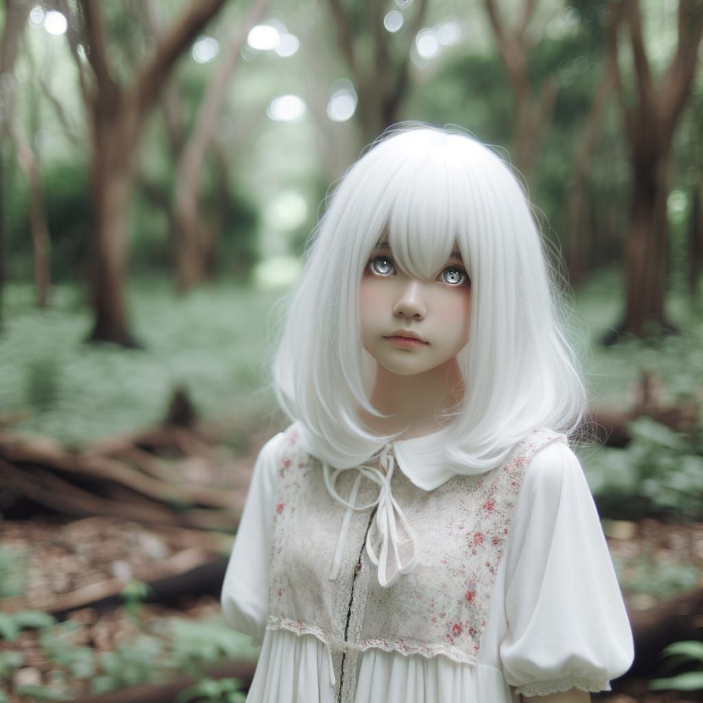 Girl with White Hair in Forest