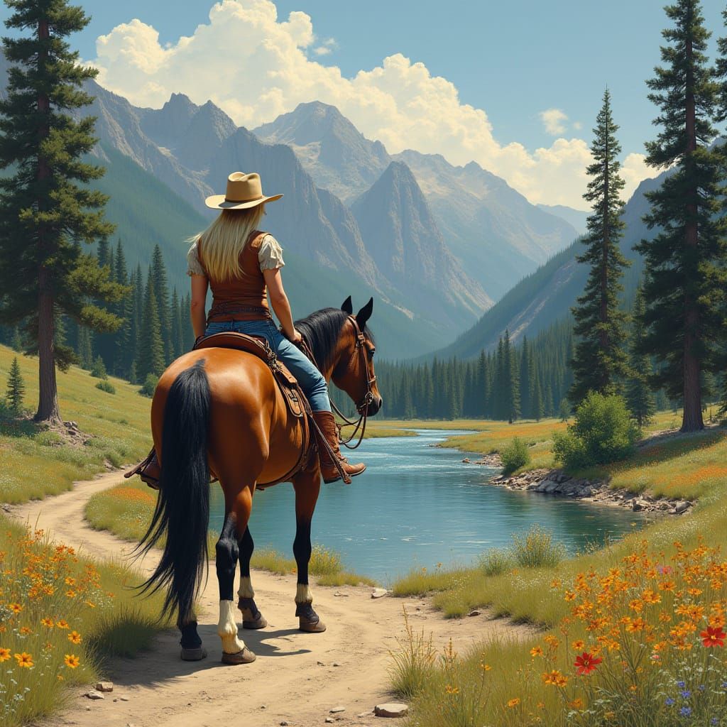 Woman Rides a Horse Through a Serene Mountain Landscape