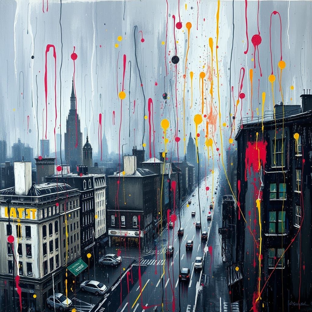 Grey Cityscape Unleashes Vibrant Paint Explosion