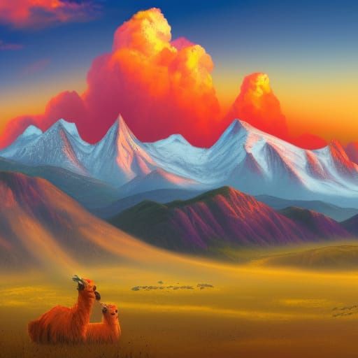 Crystal Llama in Fiery Sunset Landscape