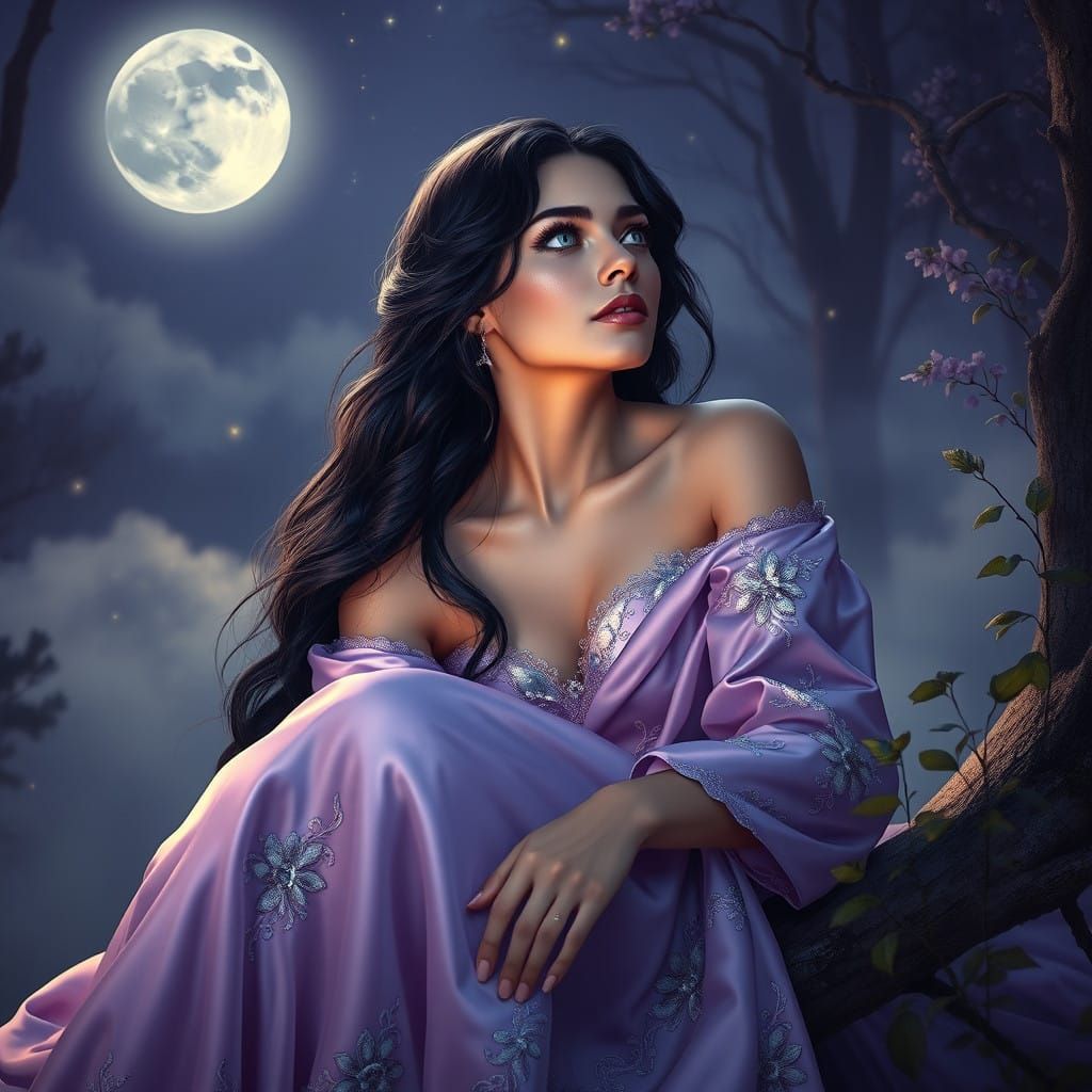 Ethereal Fantasy Maiden in Lavender Satin Gown Under Moonlig...