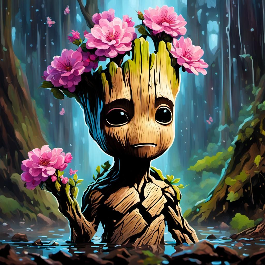 Baby Groot in Rainy Forest: Digital Oil Painting
