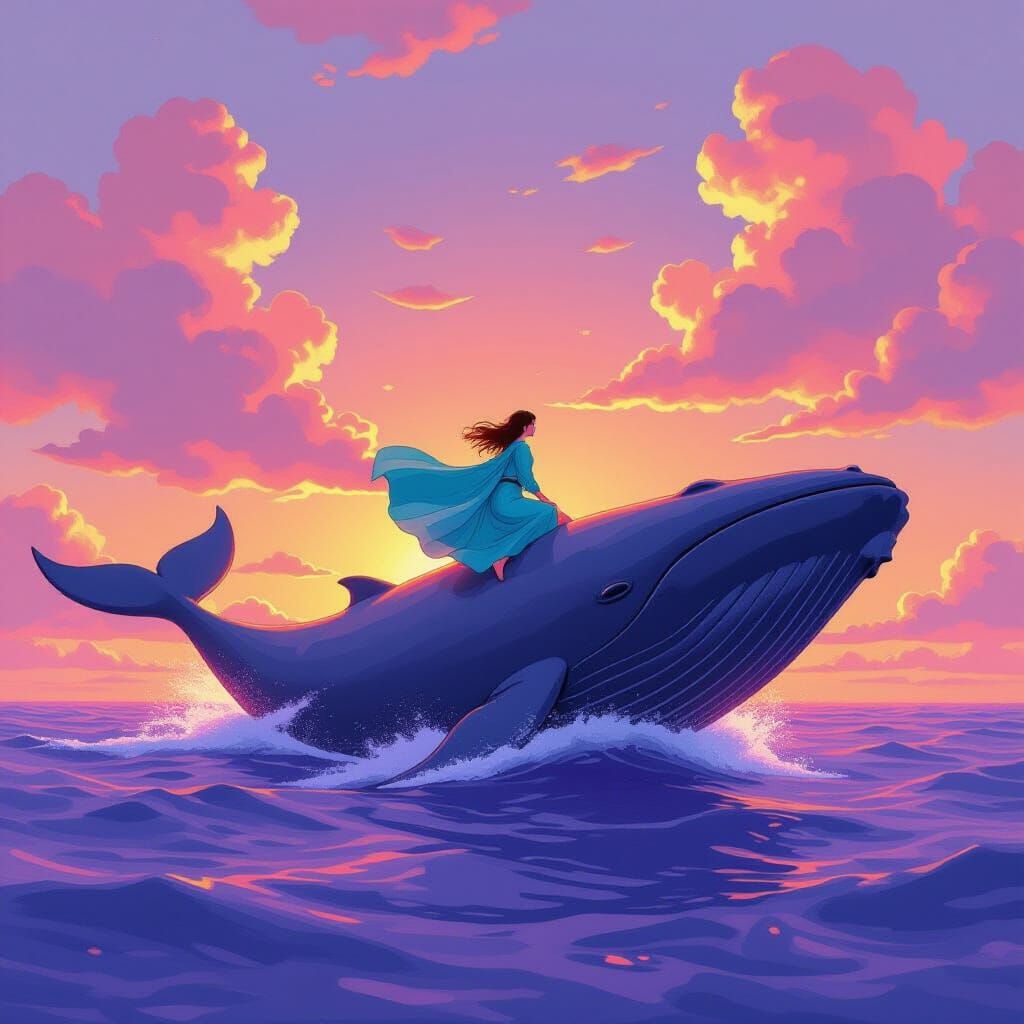 Woman Riding Whale in Purple Ocean, Miyazaki Style