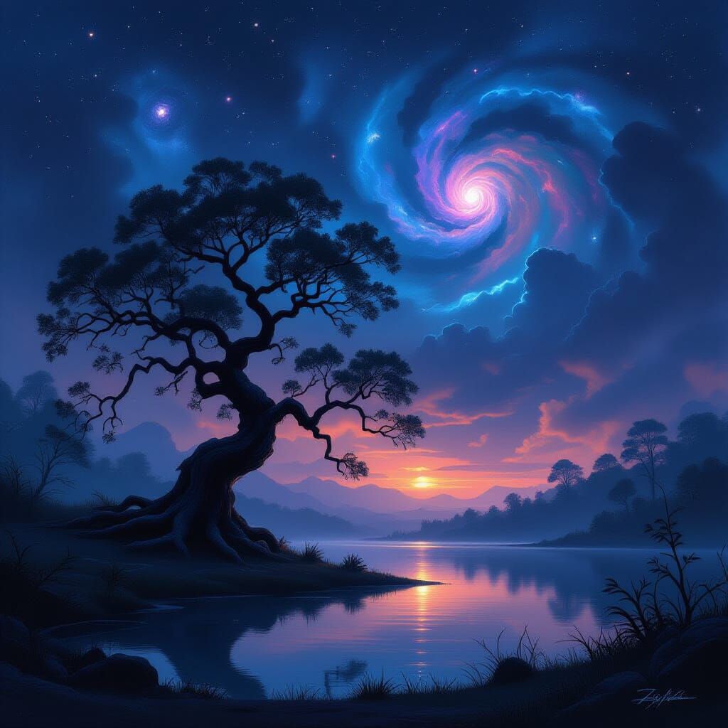 Ancient Tree Silhouetted Against Twilight Sky in Dark Fantas...