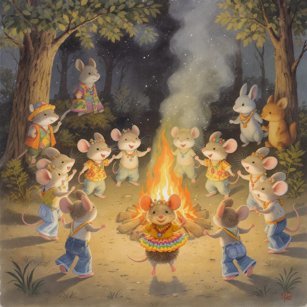 Hippy Mice Dancing Around Campfire at Festival