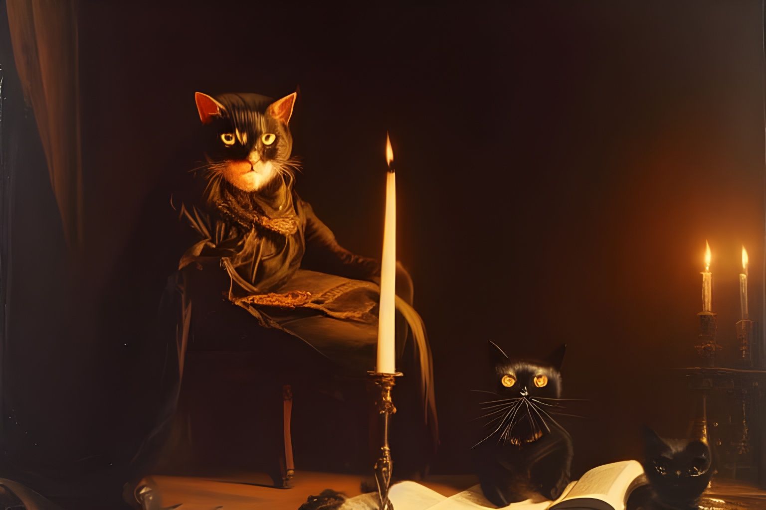 Humanoid Black Cat Reader: Renaissance Fantasy Painting