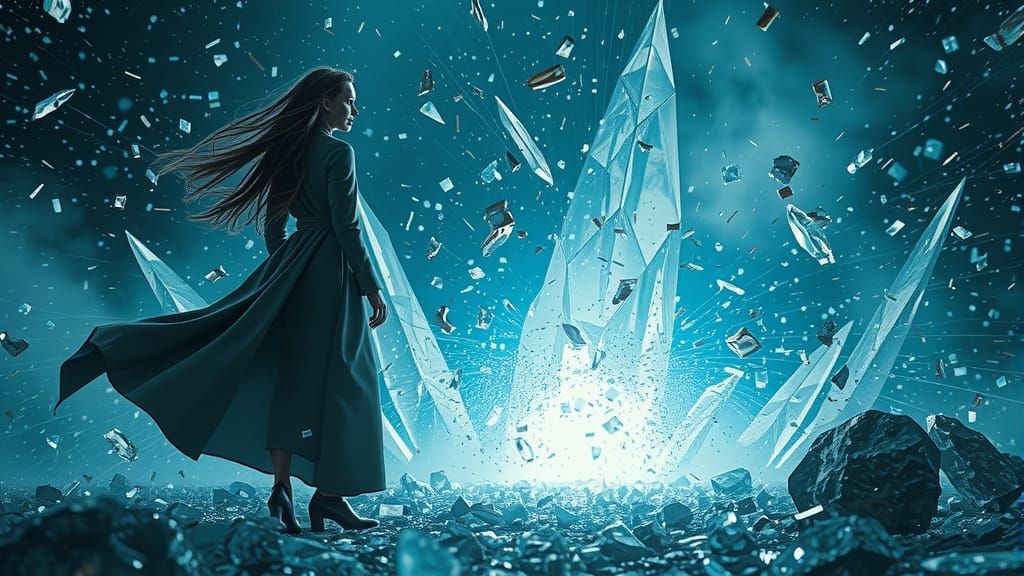 Woman in Flowing Coat Amidst Shattered Crystals