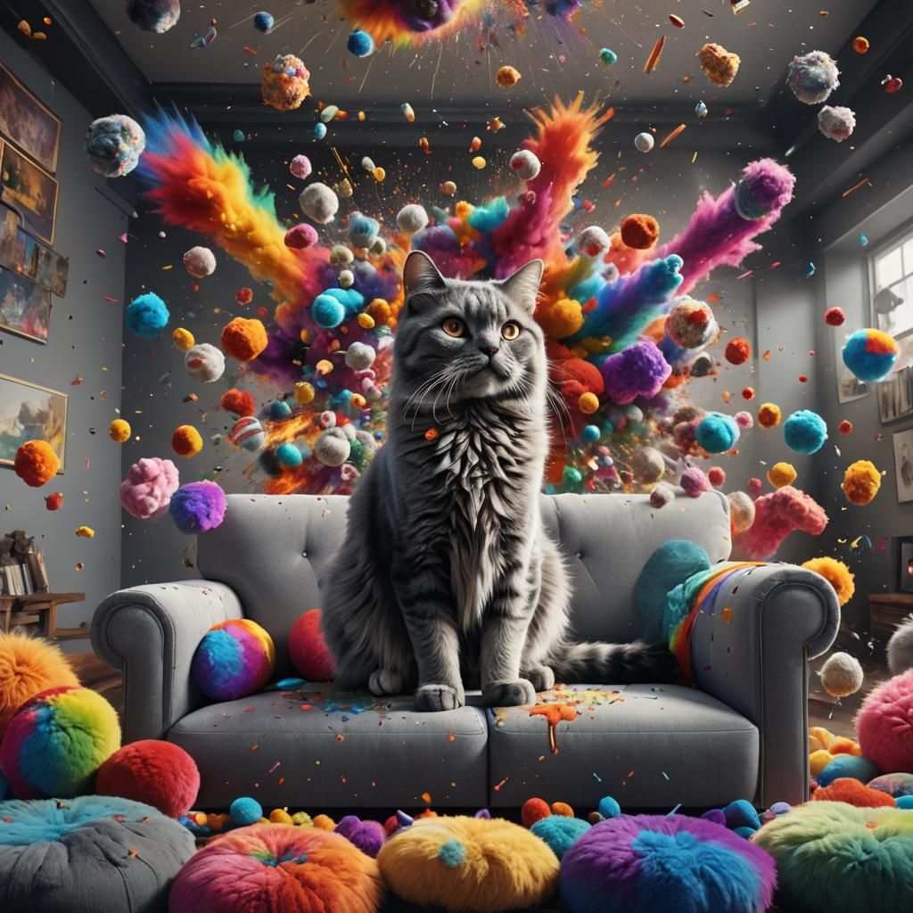 Rainbow Cat on Sofa with Explosion, Detailed Digital Art