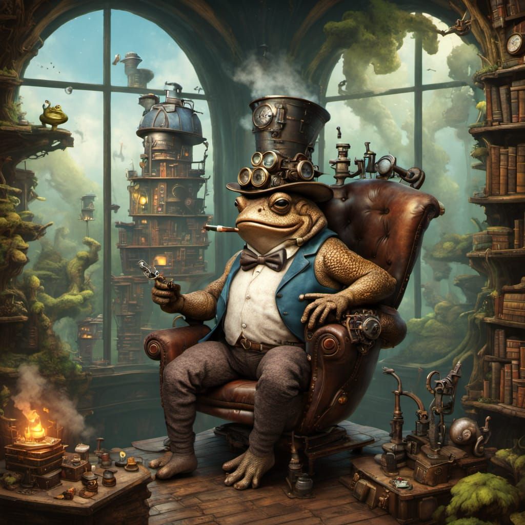 Toad in Steampunk Snail House in Bioluminescent Forest