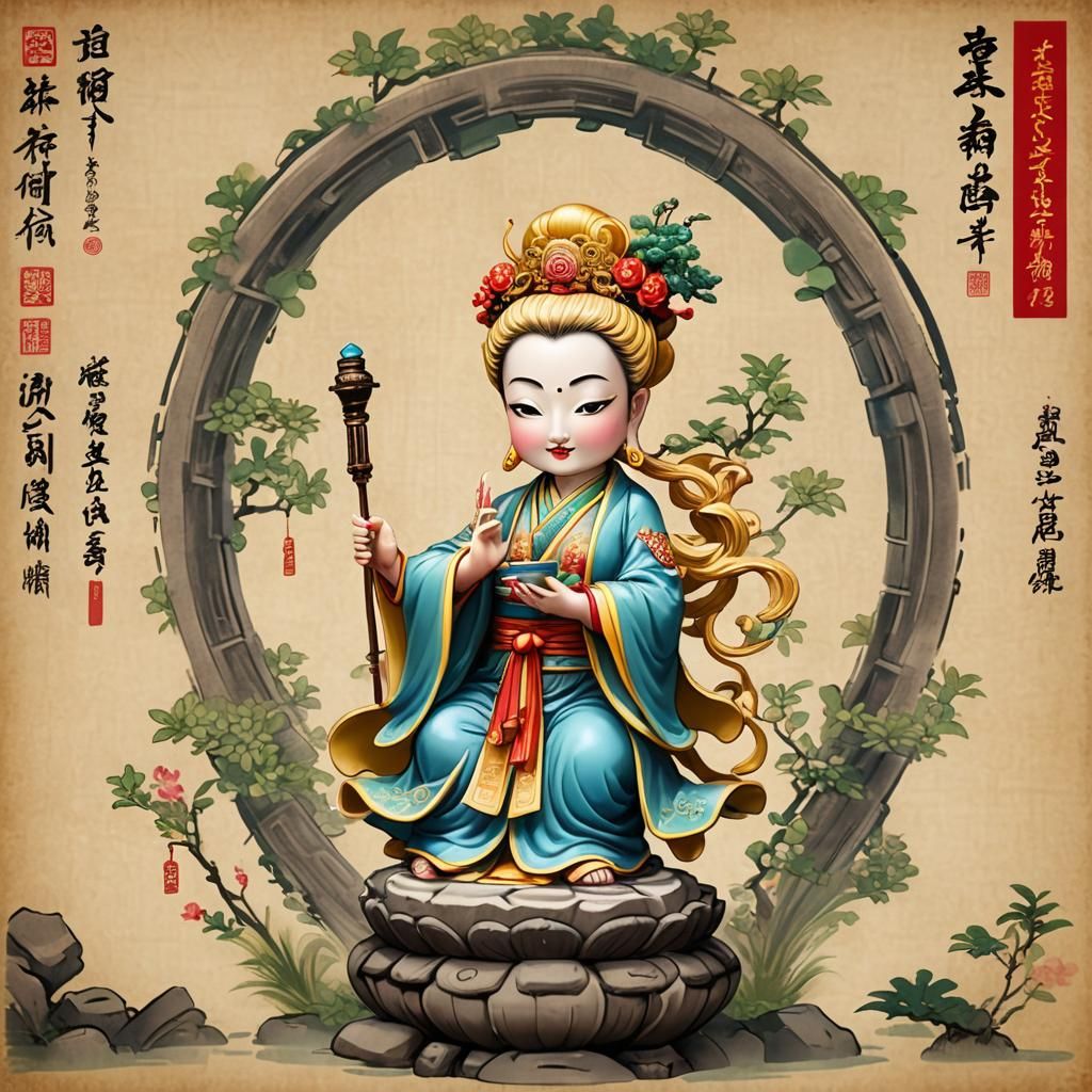 Bobblehead Quan Yin with Chinese Scroll Artwork