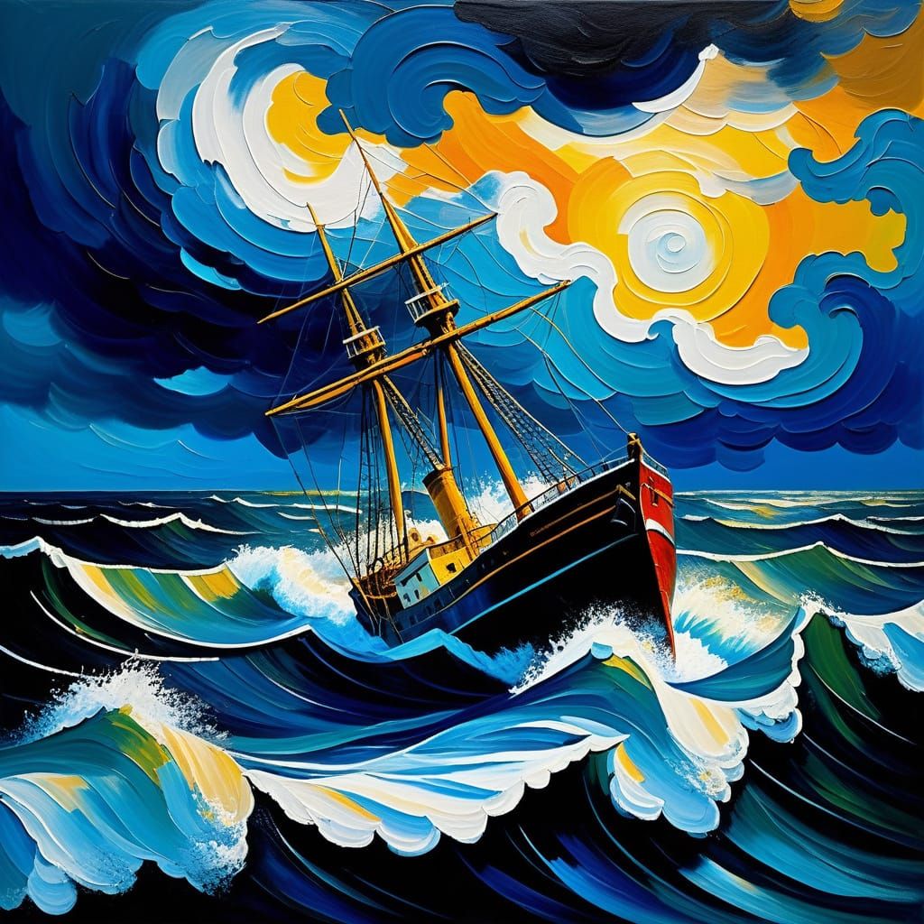 Stormy Seas: Lone Ship in Expressionist Painting