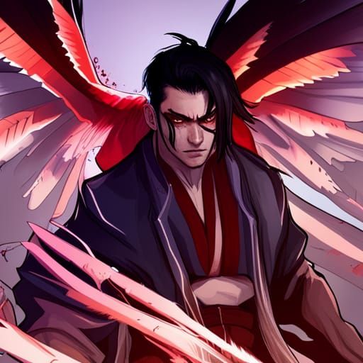 Tengu Portrait with Raven Mask in Hyperdetailed Style