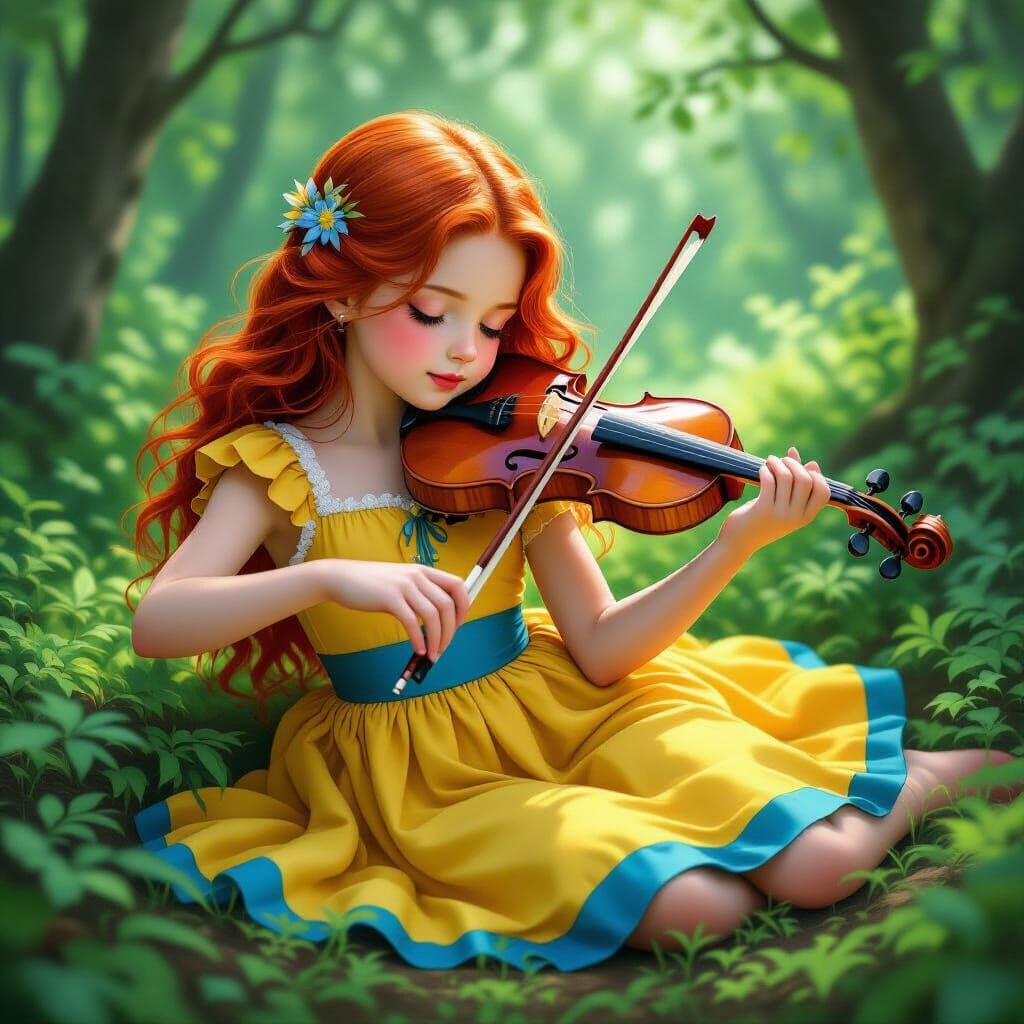 Red-Haired Girl Plays Violin in Lush Forest, Photorealistic ...
