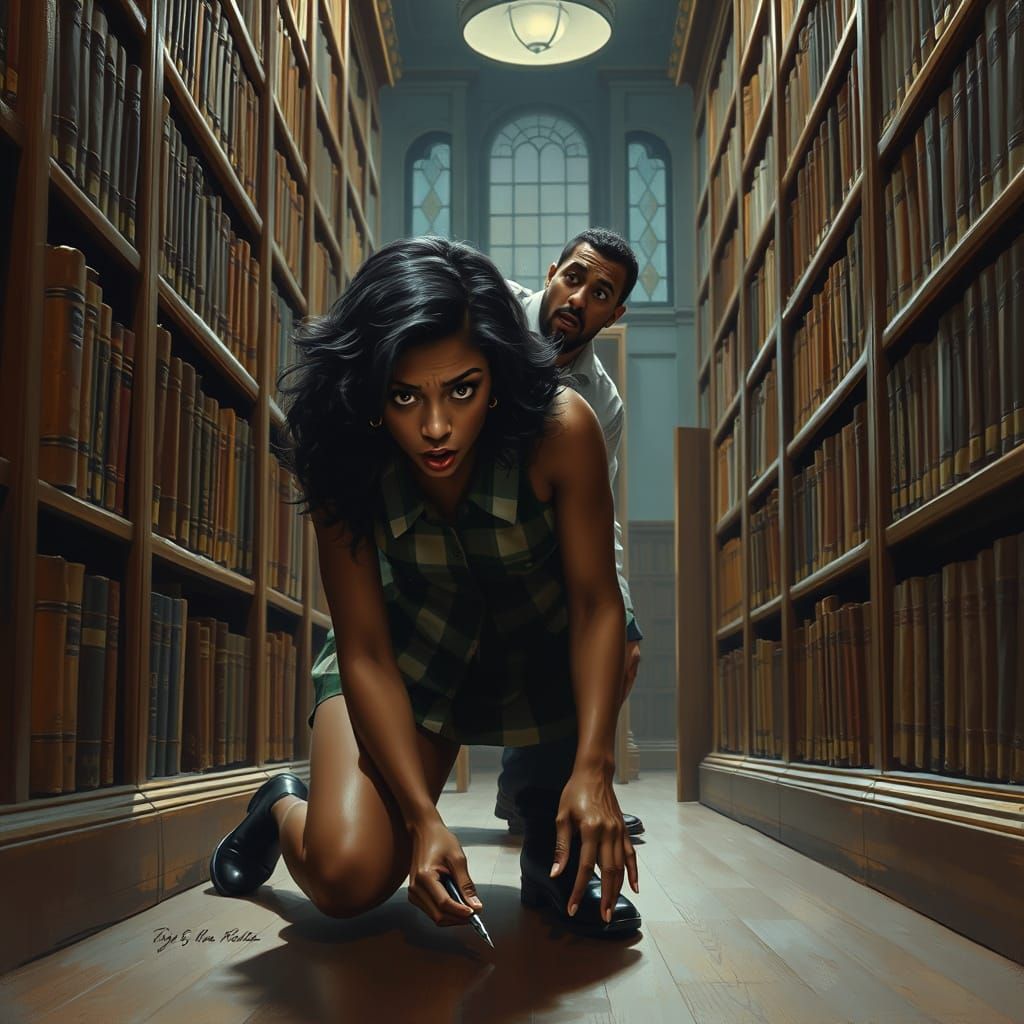 Dramatic Library Scene with Woman Picking Up Pen