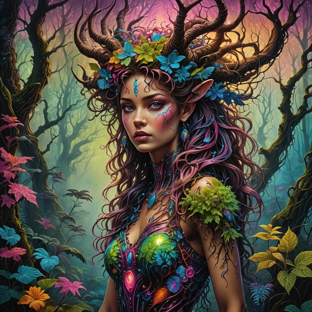 Synthwave Faun Woman in Eldritch Forest