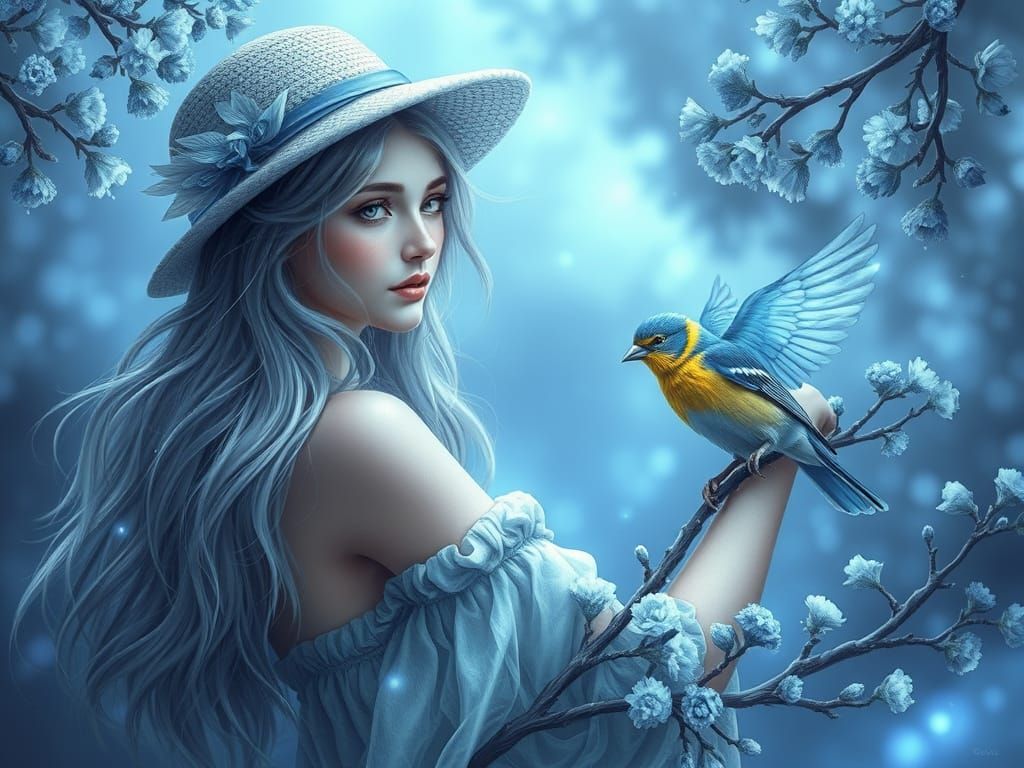 Girl with Canary: Hyperrealistic Digital Art