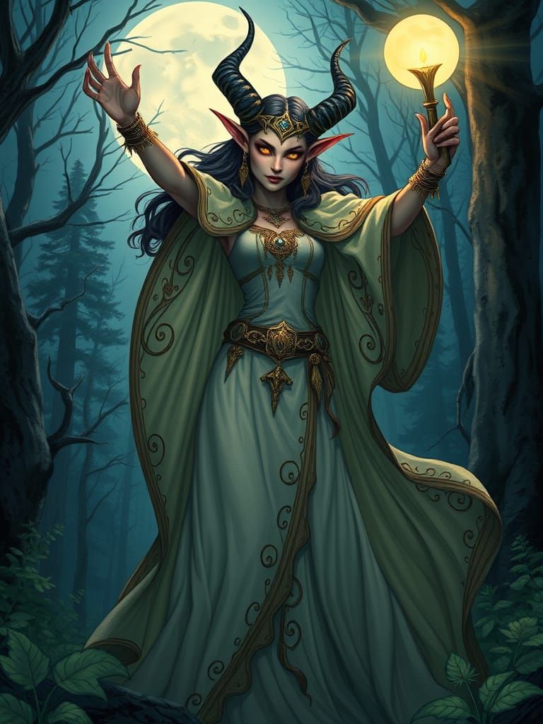 Ethereal Tiefling Cleric in Moonlit Forest, Art Nouveau Styl...