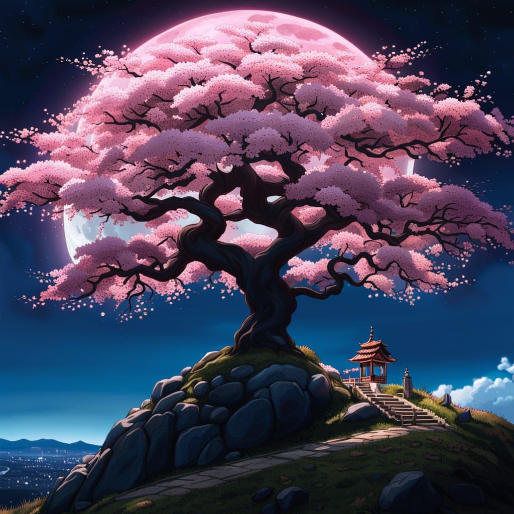 Cherry Blossom Tree Under Moon, Anime Key Visual
