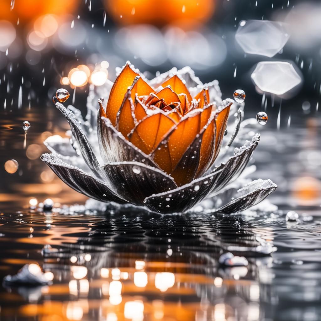 Blossoming Flower Falling into Rainy Water